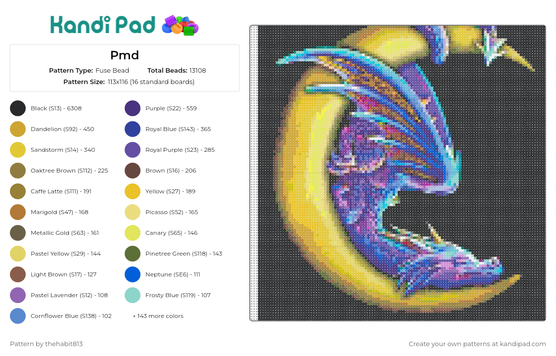 Pmd - Fuse Bead Pattern by thehabit813 on Kandi Pad - dragon,moon,mythological,fantasy,sleeping,night,purple,yellow