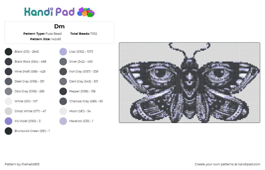 Dm - Fuse Bead Pattern by thehabit813 on Kandi Pad - moth,butterfly,eyes,spooky,paranormal,halloween,black