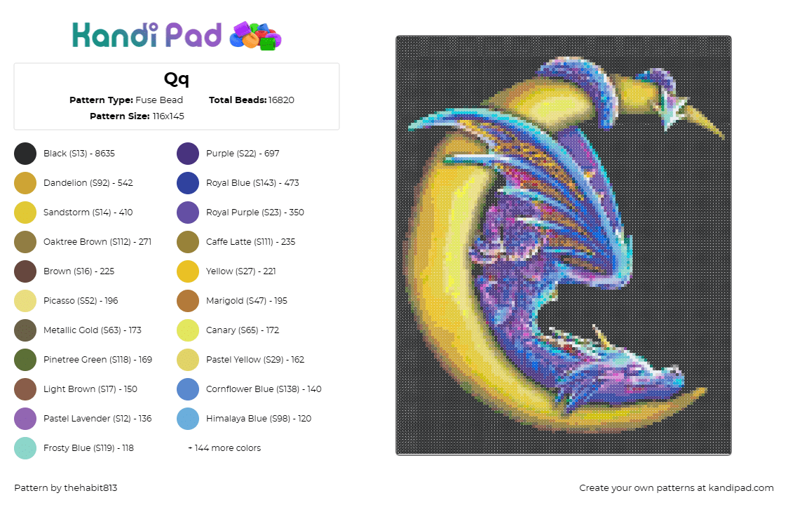 Qq - Fuse Bead Pattern by thehabit813 on Kandi Pad - dragon,moon,mythological,fantasy,sleeping,night,purple,yellow