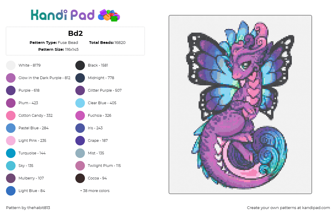 Bd2 - Fuse Bead Pattern by thehabit813 on Kandi Pad - dragon,fairy,fantasy,butterfly,wings,majestic,cute,purple,blue