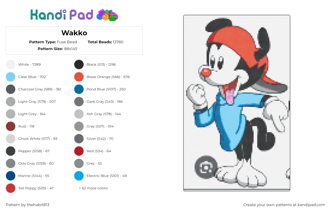 Wakko - Fuse Bead Pattern by thehabit813 on Kandi Pad - wakko,animaniacs,character,warner bros,cartoon,tv show,nostalgia,red,light blue,white