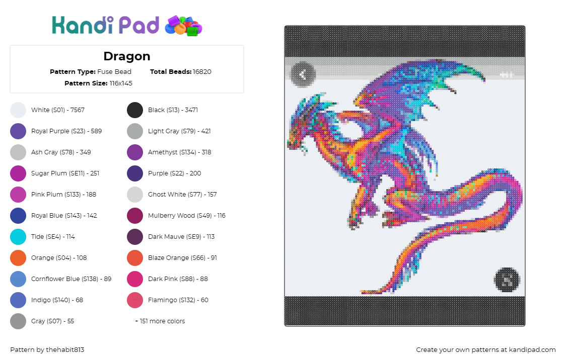 Dragon - Fuse Bead Pattern by thehabit813 on Kandi Pad - dragon,mythological,fantasy,colorful,winged,large,creature,blue,orange