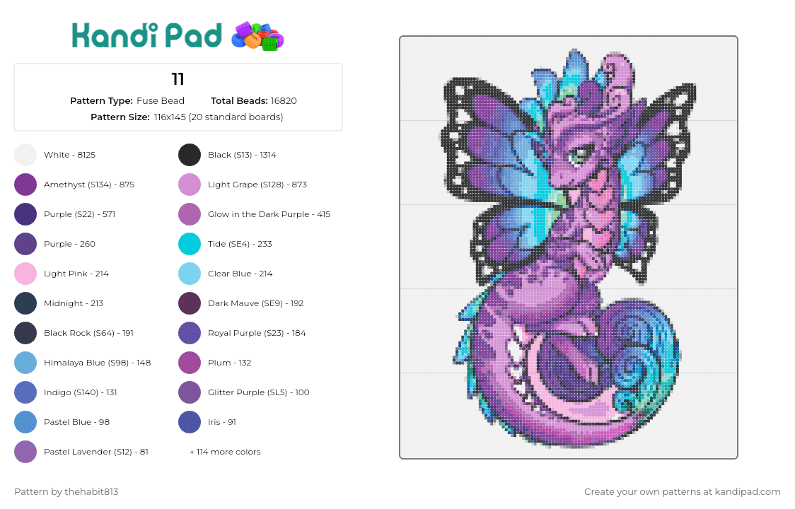 11 - Fuse Bead Pattern by thehabit813 on Kandi Pad - dragon,butterfly,fantasy,mythological,cute,winged,purple,blue