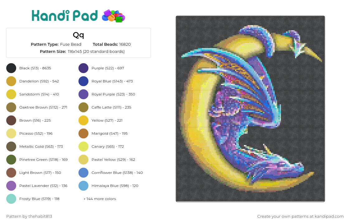 Qq - Fuse Bead Pattern by thehabit813 on Kandi Pad - dragon,moon,mythological,fantasy,sleeping,night,purple,yellow