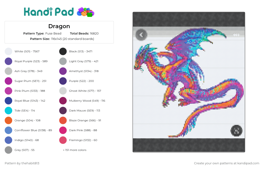 Dragon - Fuse Bead Pattern by thehabit813 on Kandi Pad - dragon,mythological,fantasy,colorful,winged,large,creature,blue,orange