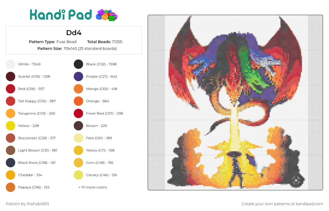 Dd4 - Fuse Bead Pattern by thehabit813 on Kandi Pad - dungeons and dragons,fiery,gaming,winged,colorful,orange,red
