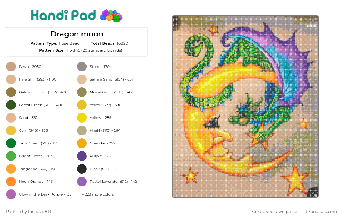 Dragon moon - Fuse Bead Pattern by thehabit813 on Kandi Pad - moon,dragon,fantasy,stars,mythological,yellow,purple,green