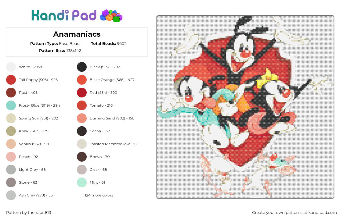 Anamaniacs - Fuse Bead Pattern by thehabit813 on Kandi Pad - animaniacs,pinky and the brain,characters,warner bros,cartoon,tv show,classic,nostalgia,red,white