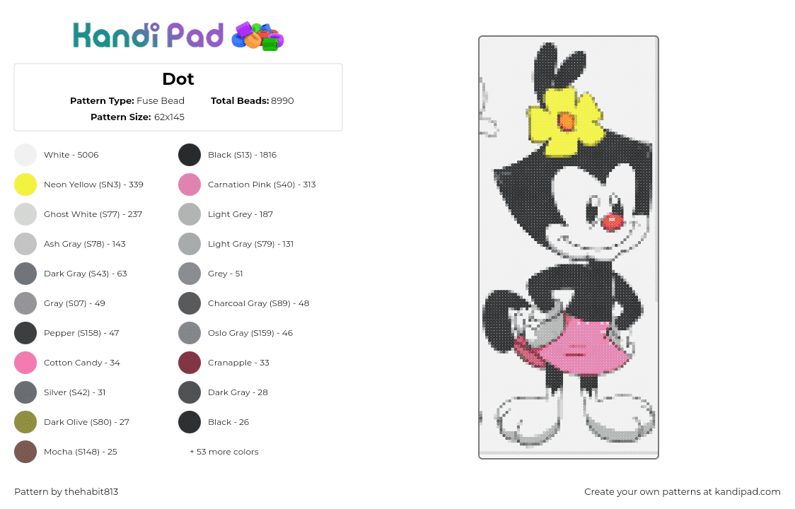 Dot - Fuse Bead Pattern by thehabit813 on Kandi Pad - dot,animaniacs,character,warner bros,cartoon,tv show,flower,nostalgia,yellow,pink,black,white