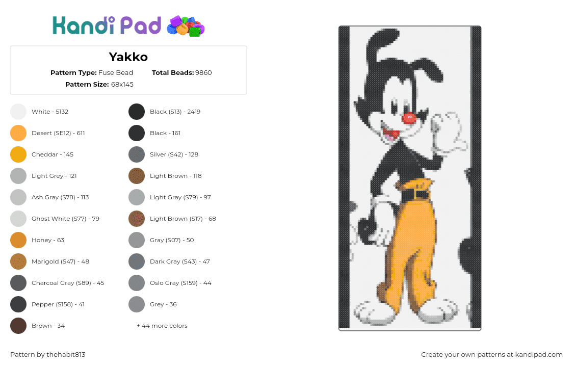 Yakko - Fuse Bead Pattern by thehabit813 on Kandi Pad - yakko,animaniacs,character,warner bros,cartoon,tv show,nostalgia,orange,black,white