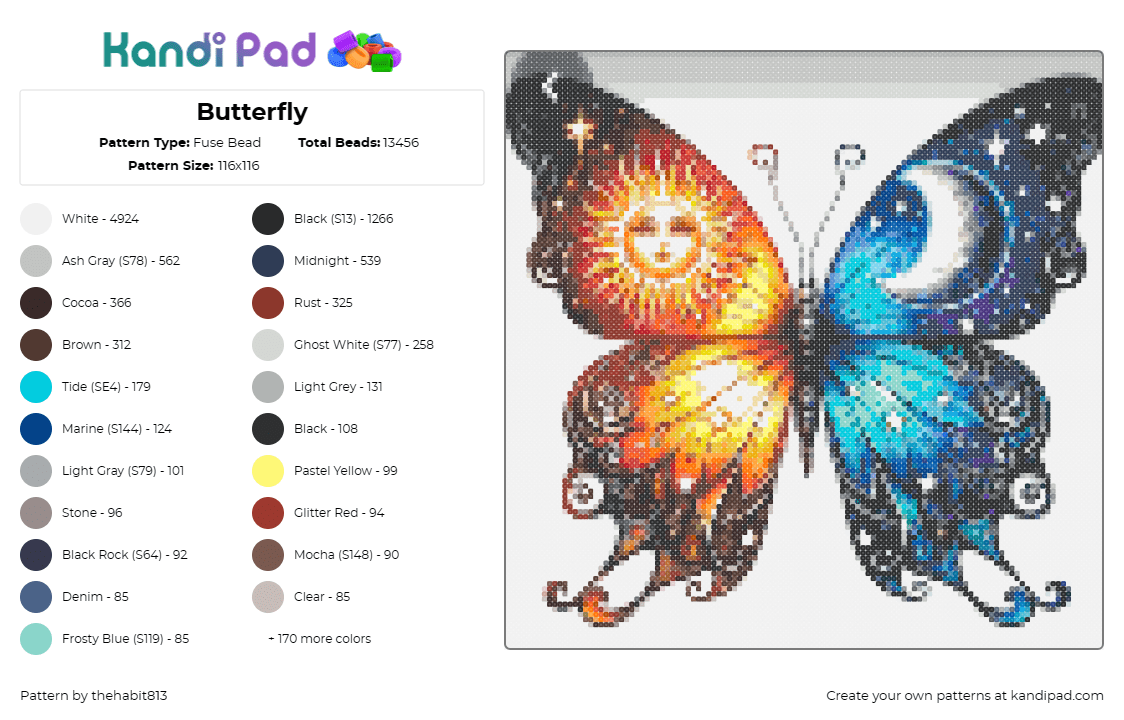 Butterfly - Fuse Bead Pattern by thehabit813 on Kandi Pad - butterfly,winged,sun,moon,night,day,orange,blue