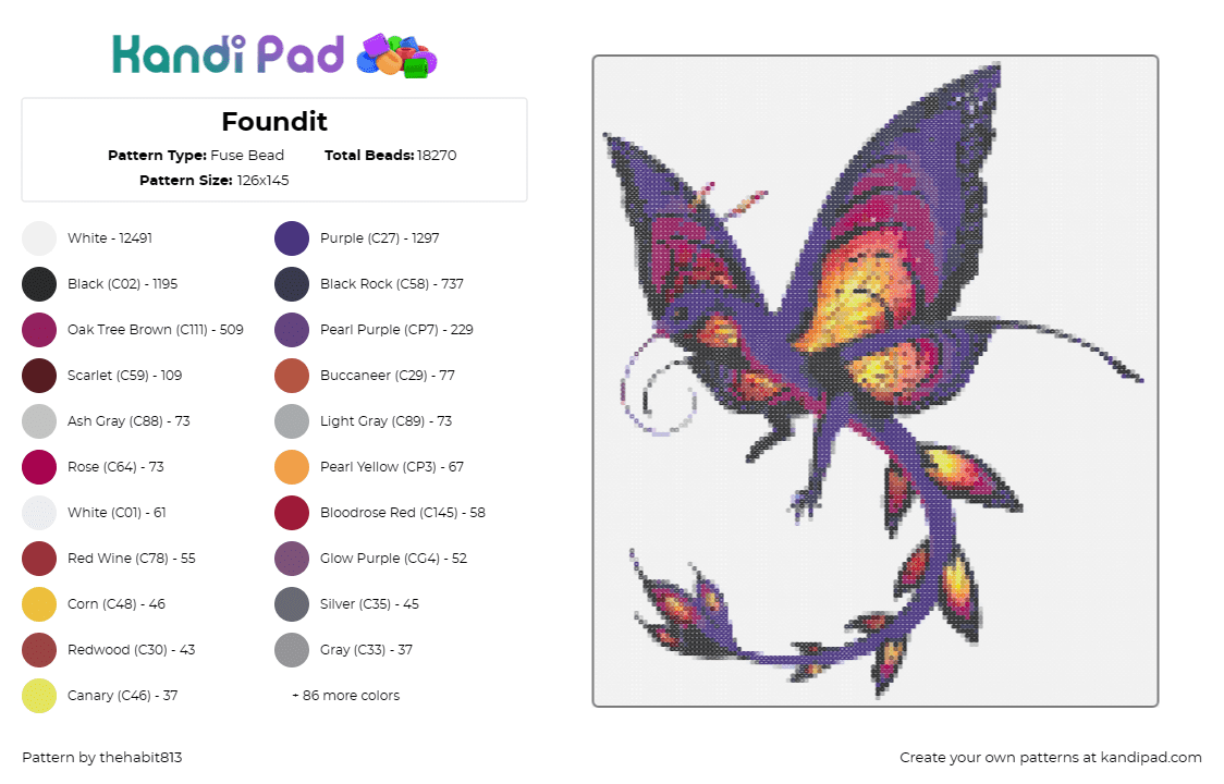 Foundit - Fuse Bead Pattern by thehabit813 on Kandi Pad - dragon,butterfly,fantasy,creature,colorful,purple,orange