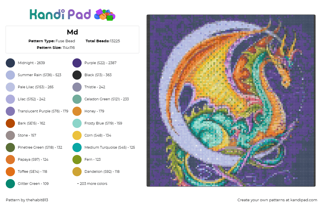 Md - Fuse Bead Pattern by thehabit813 on Kandi Pad - dragon,mythological,fantasy,majestic,teal,orange,purple