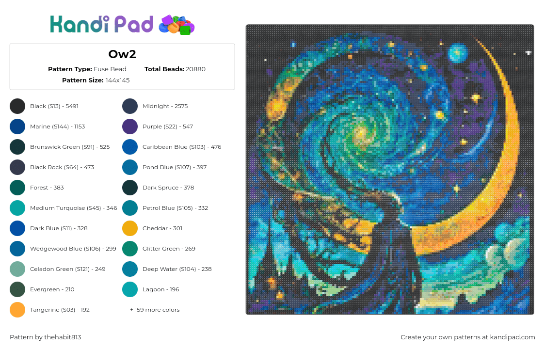 Ow2 - Fuse Bead Pattern by thehabit813 on Kandi Pad - fantasy,celestial,moon,art,panel,teal,blue,yellow