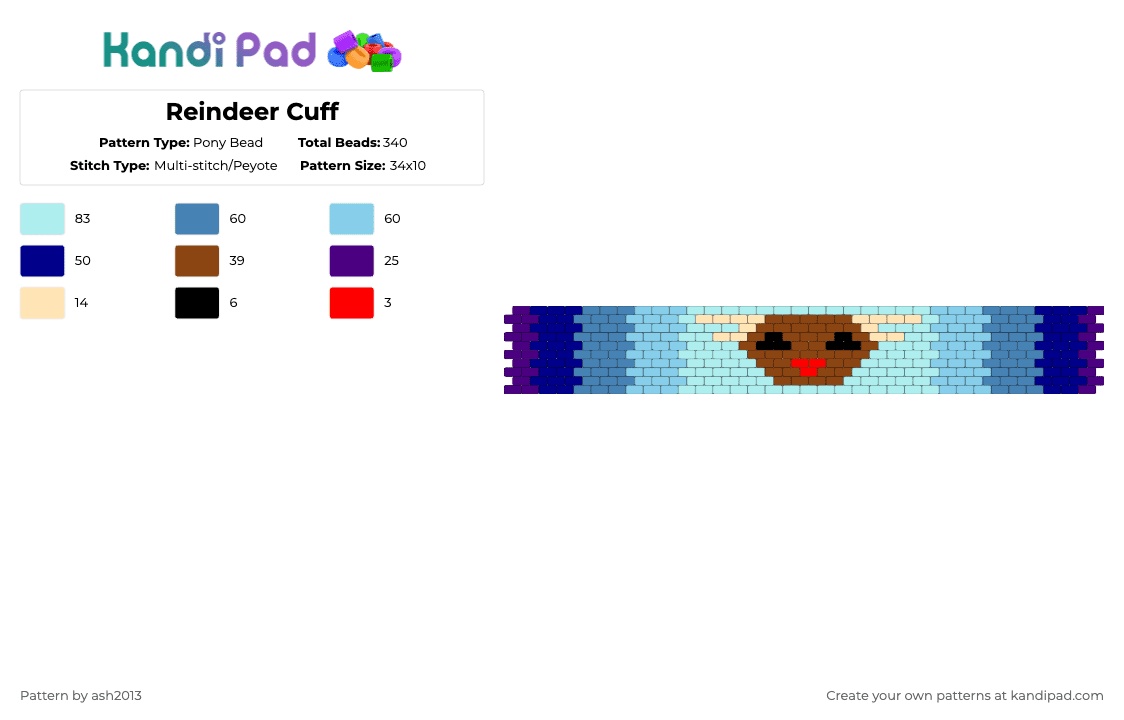 Reindeer Cuff - Pony Bead Pattern by ash2013 on Kandi Pad - purple,light blue,christmas,winter,holiday,animal