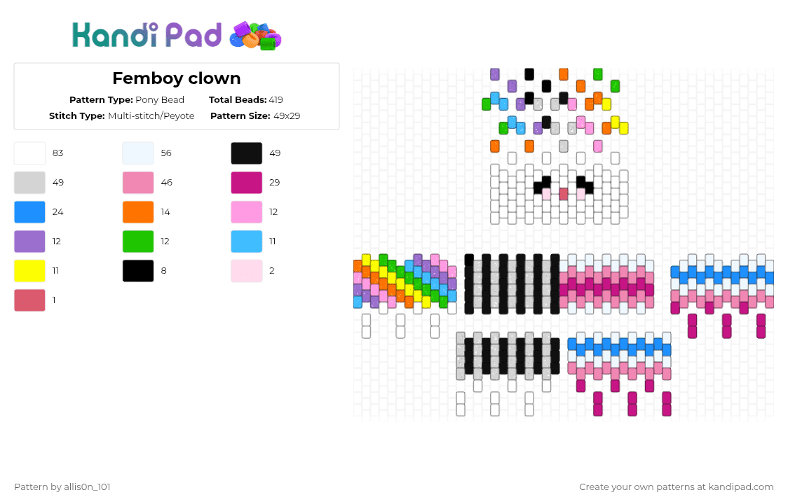 Femboy clown - Pony Bead Pattern by allis0n_101 on Kandi Pad - white,pink,light blue