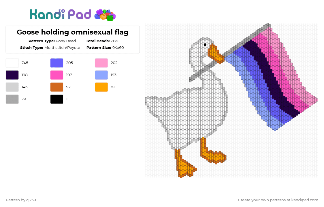 Goose holding omnisexual flag - Pony Bead Pattern by cj239 on Kandi Pad - white,blue,pink,colorful