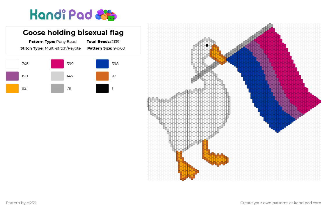 Goose holding bisexual flag - Pony Bead Pattern by cj239 on Kandi Pad - blue,pink