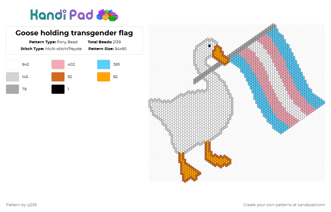 Goose holding transgender flag - Pony Bead Pattern by cj239 on Kandi Pad - white,light blue,pink