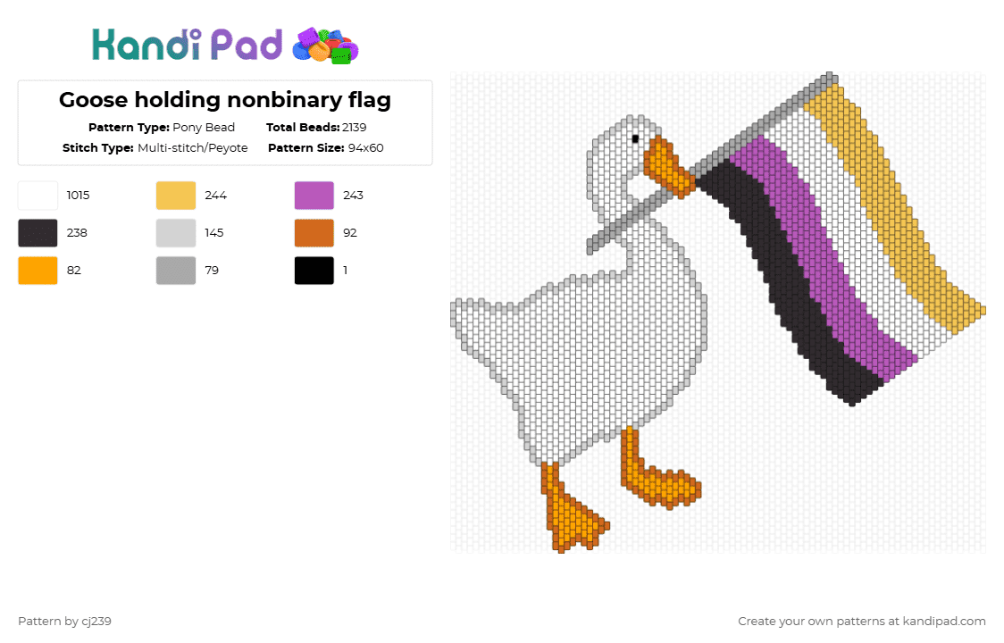 Goose holding nonbinary flag - Pony Bead Pattern by cj239 on Kandi Pad - white,orange,pink,yellow