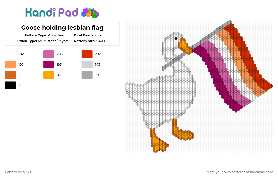 Goose holding lesbian flag - Pony Bead Pattern by cj239 on Kandi Pad - white,orange,pink