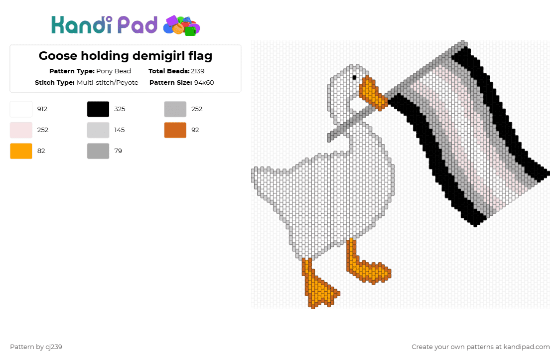 Goose holding demigirl flag - Pony Bead Pattern by cj239 on Kandi Pad - white,beige,orange