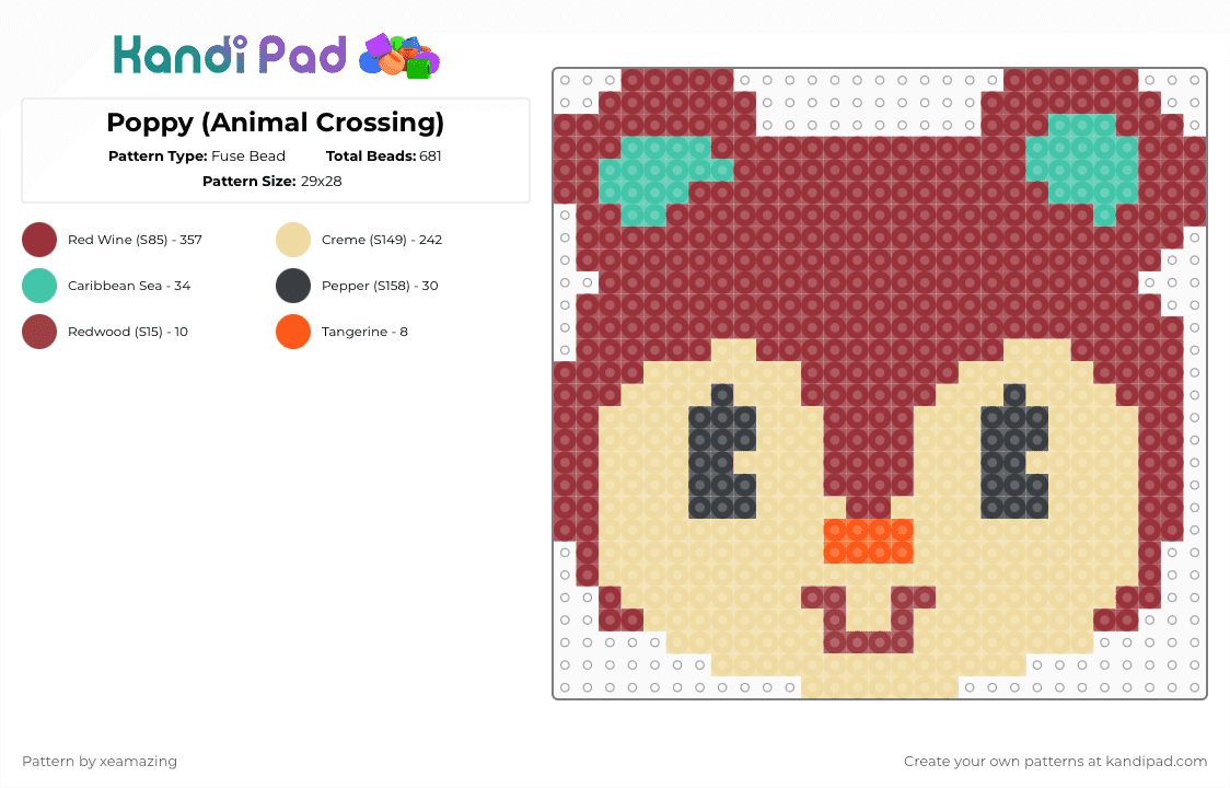 Poppy (Animal Crossing) - Fuse Bead Pattern by takemeb4ck2_eden on Kandi Pad - red,beige