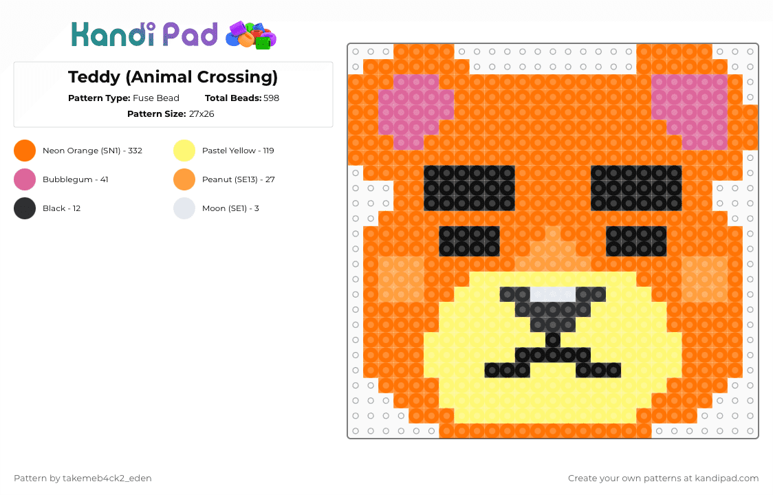 Teddy (Animal Crossing) - Fuse Bead Pattern by takemeb4ck2_eden on Kandi Pad - orange