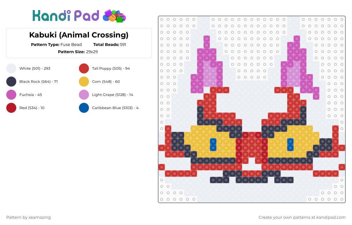 Kabuki (Animal Crossing) - Fuse Bead Pattern by takemeb4ck2_eden on Kandi Pad - white,red,yellow,colorful