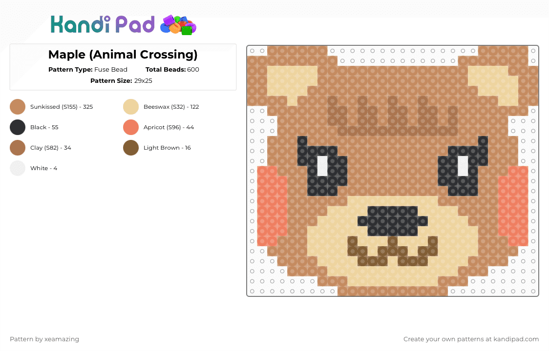 Maple (Animal Crossing) - Fuse Bead Pattern by takemeb4ck2_eden on Kandi Pad - tan