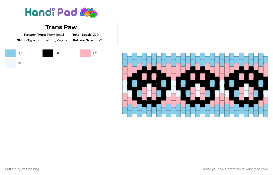 Trans Paw - Pony Bead Pattern by takemeb4ck2_eden on Kandi Pad - light blue,pink