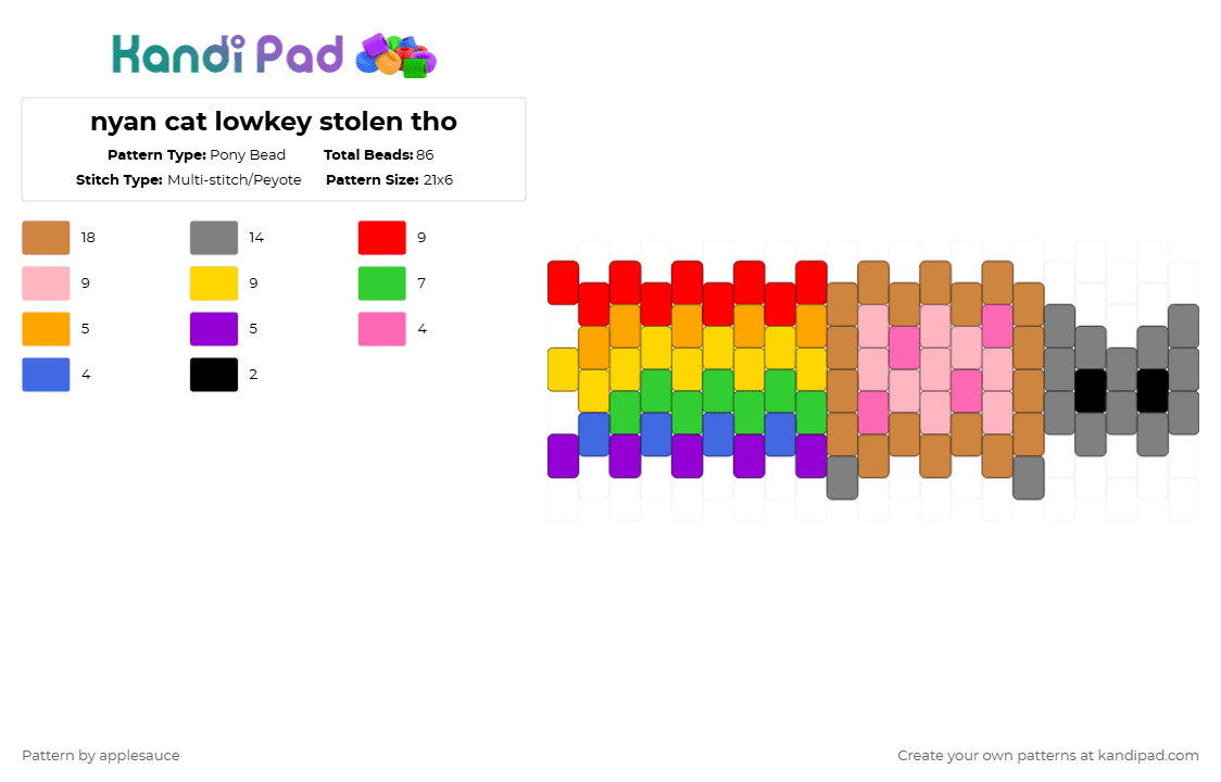 nyan cat lowkey stolen tho - Pony Bead Pattern by applesauce on Kandi Pad - orange,pink,gray