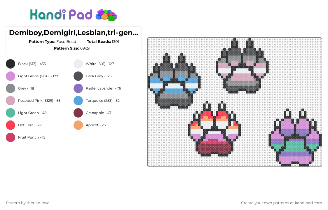 Demiboy,Demigirl,Lesbian,tri-gender pride paws - Fuse Bead Pattern by essa_nova_xp on Kandi Pad - gray,pink