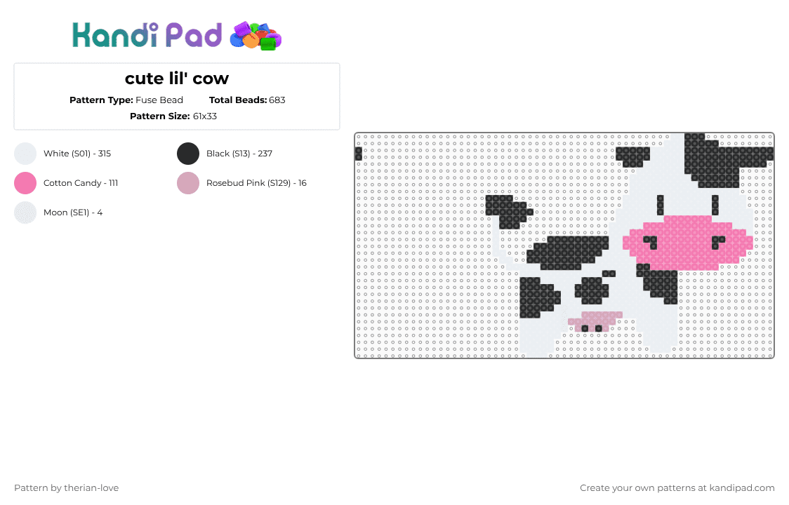 cute lil\' cow - Fuse Bead Pattern by essa_nova_xp on Kandi Pad - white,pink