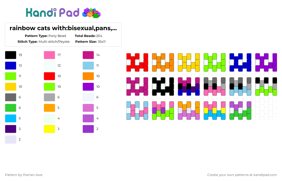 rainbow cats with:bisexual,pans,trisender,agender,lesbian,genderqueer,transgender,ect - Pony Bead Pattern by essa_nova_xp on Kandi Pad - green,purple,pink,light blue