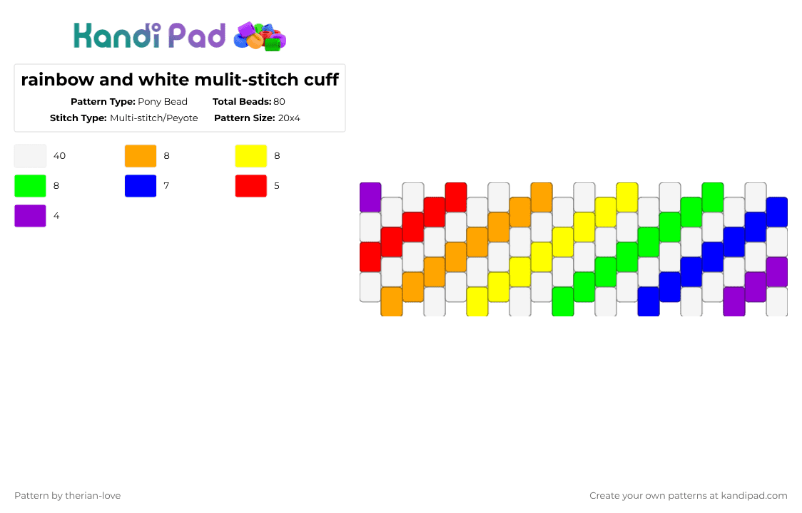 rainbow and white mulit-stitch cuff - Pony Bead Pattern by essa_nova_xp on Kandi Pad - white,yellow,purple,colorful