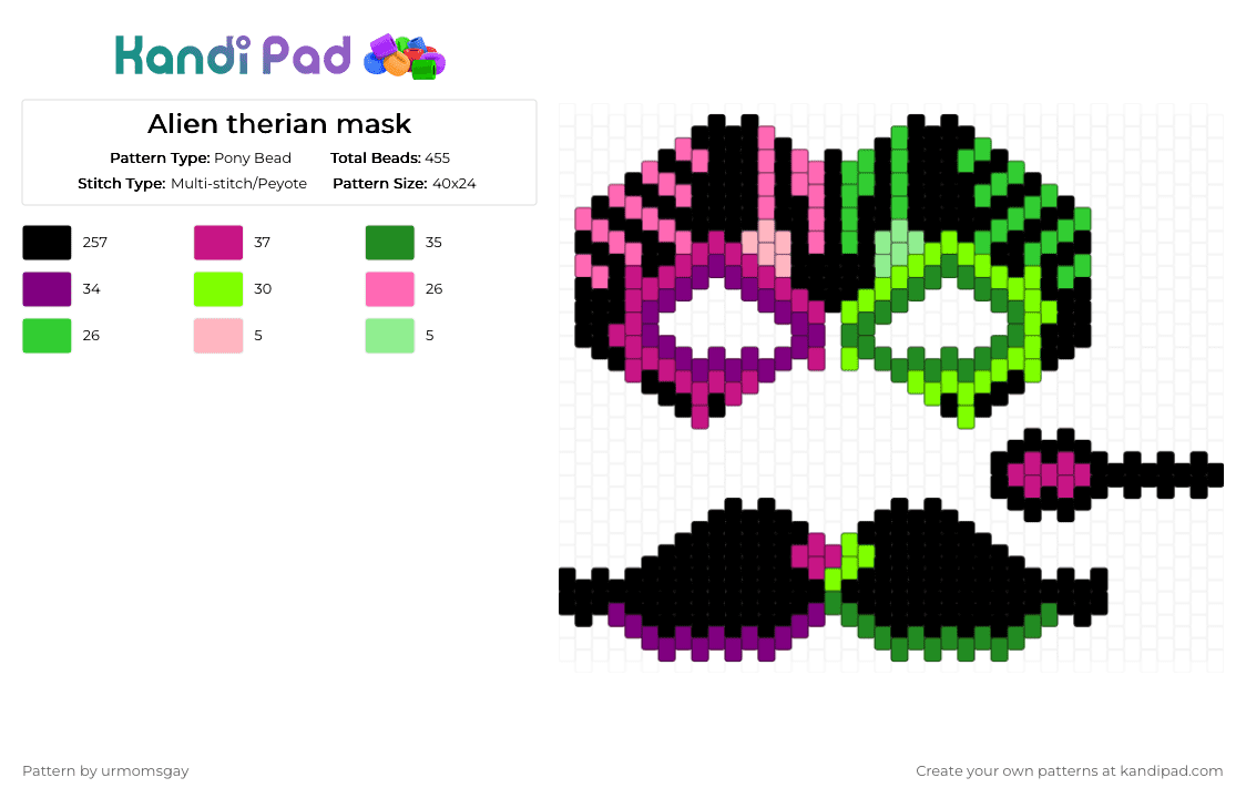 Alien therian mask - Pony Bead Pattern by urmomsgay on Kandi Pad - black,pink,green