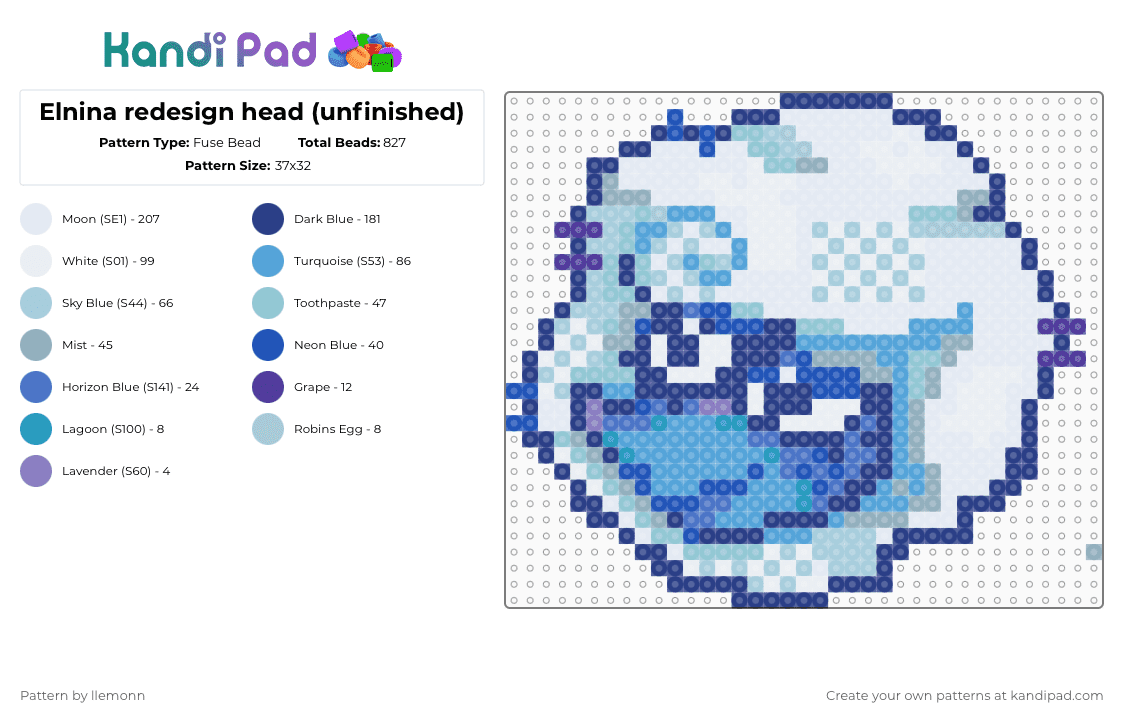 Elnina redesign head (unfinished) - Fuse Bead Pattern by llemonn on Kandi Pad - blue,light blue,deltarune,undertale,elnina,lanino,perler,toby fox,redesign