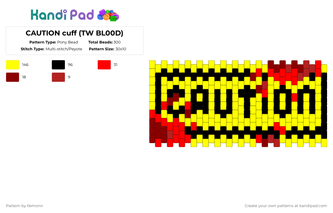 CAUTION cuff (TW BL00D) - Pony Bead Pattern by llemonn on Kandi Pad - yellow,red,caution tape,warning tape,visibility tape,crime tape,emo,blood
