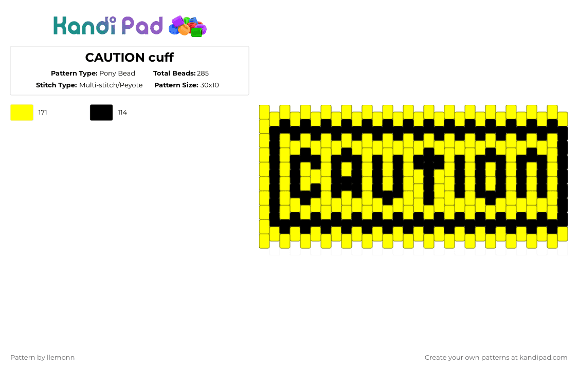 CAUTION cuff - Pony Bead Pattern by llemonn on Kandi Pad - yellow,black,caution tape,warning tape,police caution,emo,visibility tape,caution,crime tape
