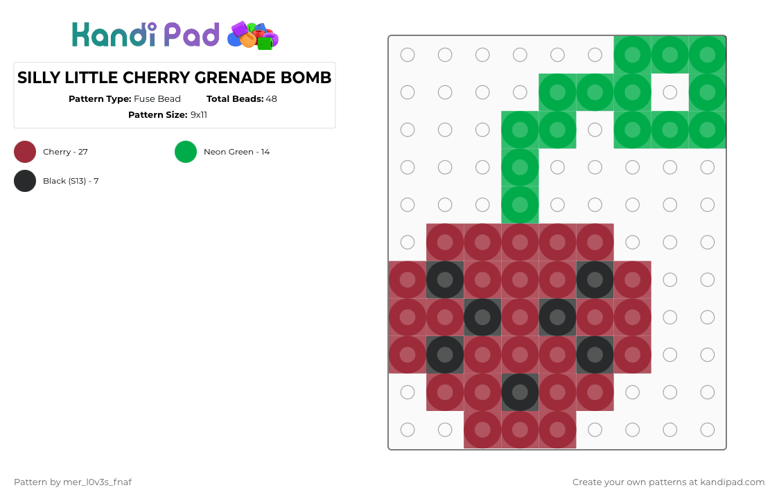 SILLY LITTLE CHERRY GRENADE BOMB - Fuse Bead Pattern by mer_l0v3s_fnaf on Kandi Pad - red,green