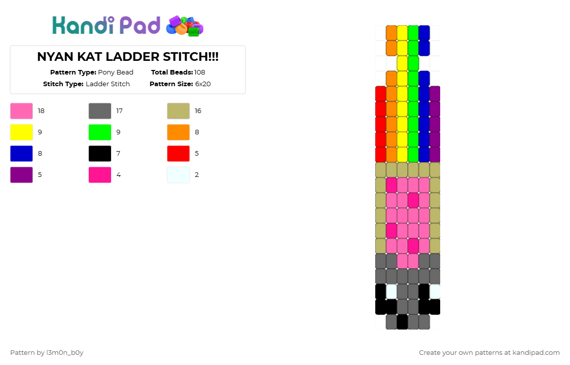NYAN KAT LADDER STITCH!!! - Pony Bead Pattern by l3m0n_b0y on Kandi Pad - pink,beige,gray