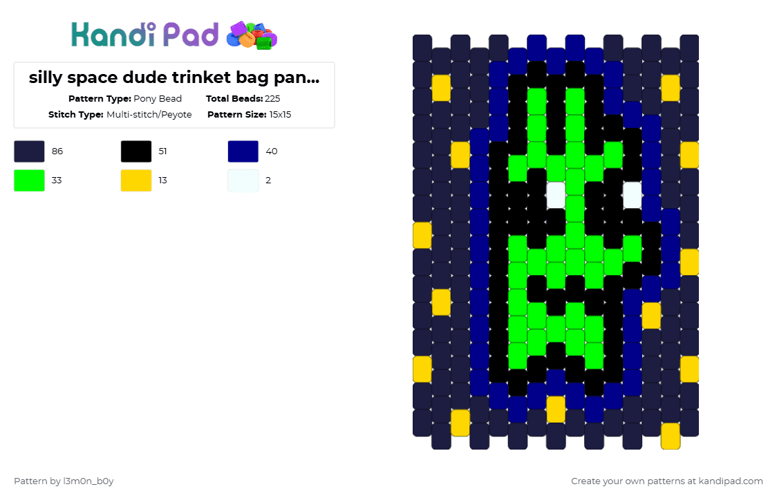 silly space dude trinket bag pannel 1 - Pony Bead Pattern by l3m0n_b0y on Kandi Pad - black,green,purple