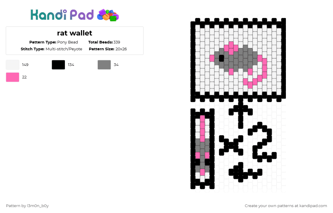 rat wallet - Pony Bead Pattern by l3m0n_b0y on Kandi Pad - white,pink,gray,cotdcuteanimals