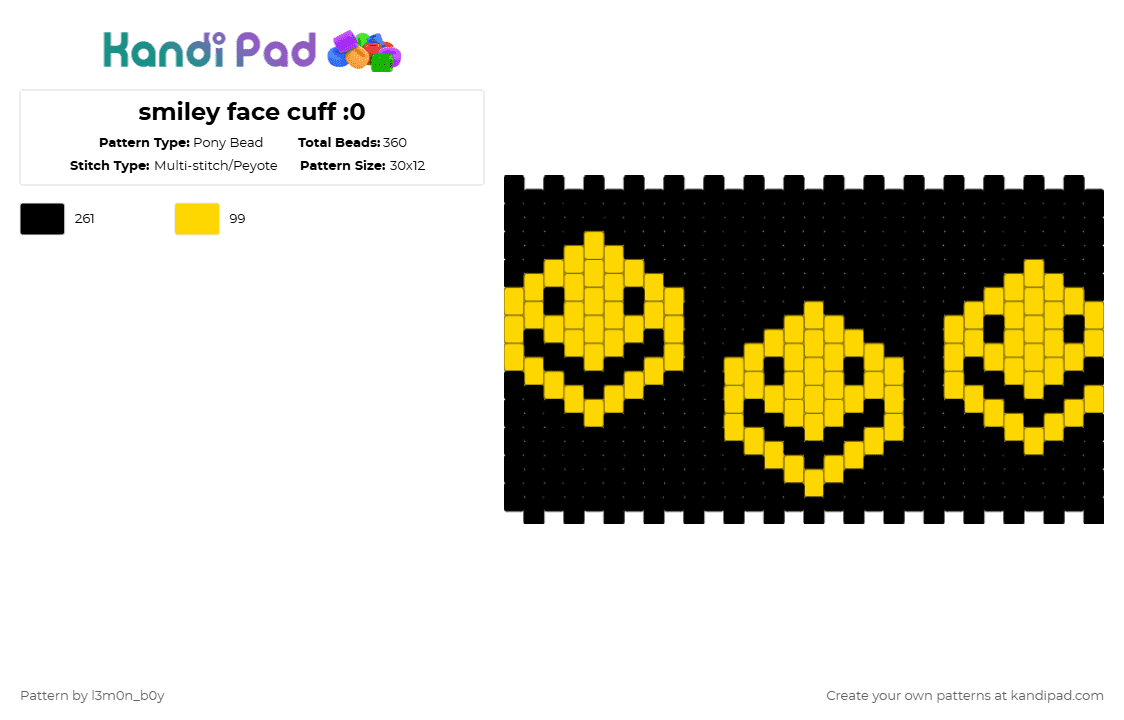 smiley face cuff :0 - Pony Bead Pattern by l3m0n_b0y on Kandi Pad - black,yellow