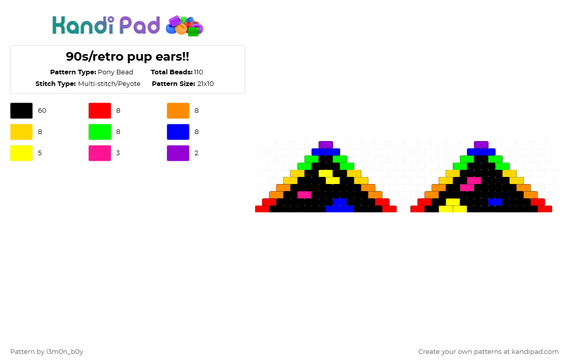 90s/retro pup ears!! - Pony Bead Pattern by l3m0n_b0y on Kandi Pad - black,yellow,orange,purple,colorful