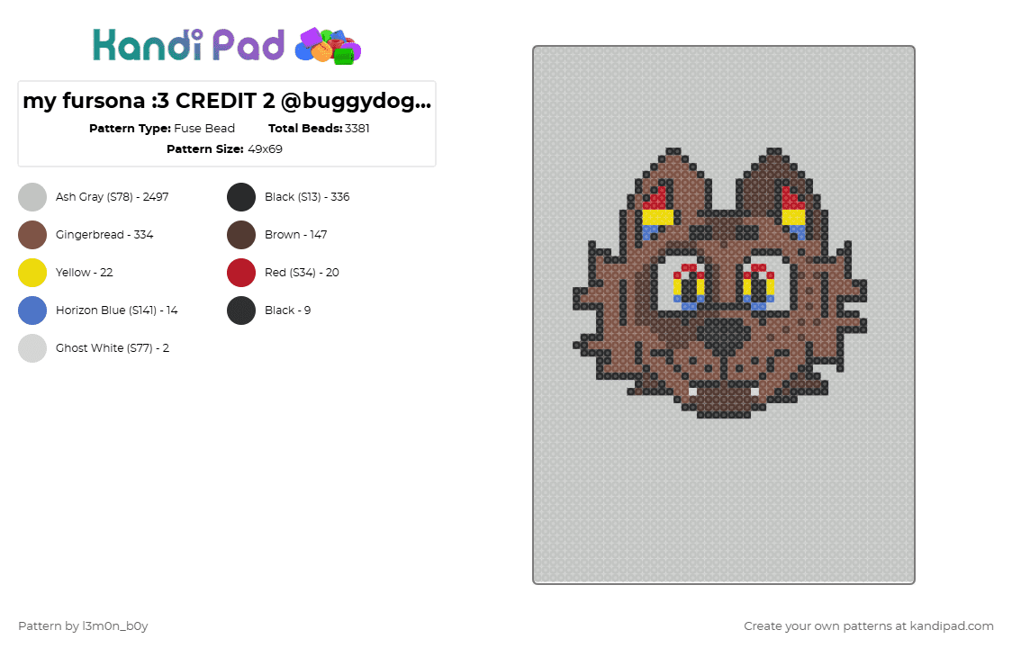 my fursona :3 CREDIT 2 @buggydogs 4 the base!! - Fuse Bead Pattern by l3m0n_b0y on Kandi Pad - beige