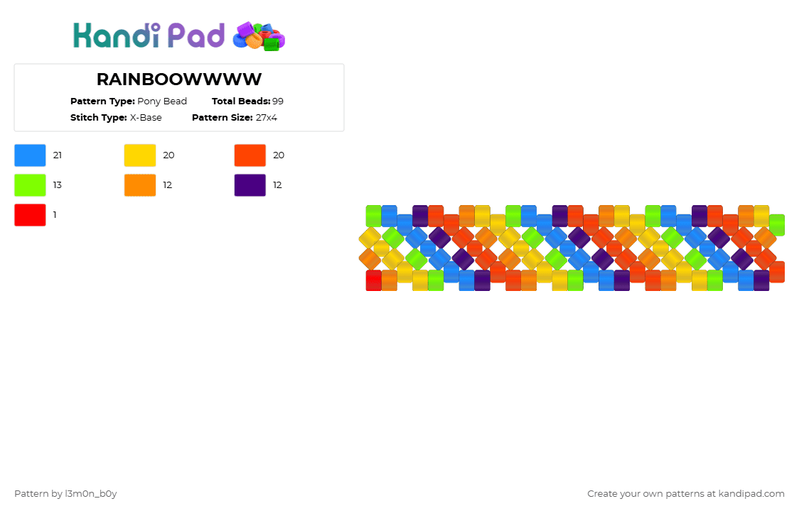 RAINBOOWWWW - Pony Bead Pattern by l3m0n_b0y on Kandi Pad - red,yellow,light blue