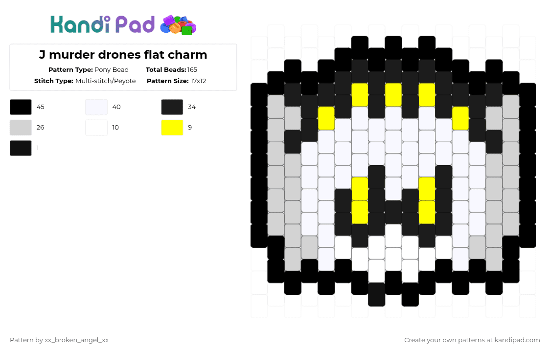 J murder drones flat charm - Pony Bead Pattern by xx_broken_angel_xx on Kandi Pad - white,j murder drones,sdj,murder drones,serial designation j,glitch ptoductions