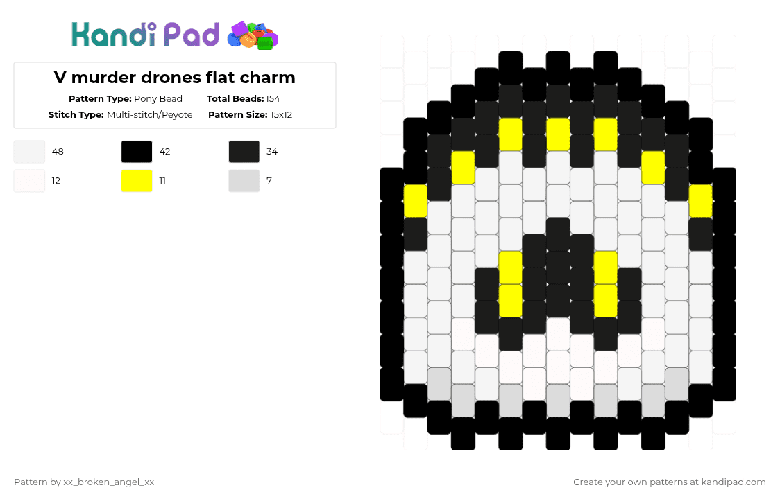 V murder drones flat charm - Pony Bead Pattern by xx_broken_angel_xx on Kandi Pad - white,murder drones,sdv,v murder drones,glitch productions,serial designation v